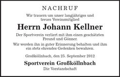 Traueranzeige Johann Kellner