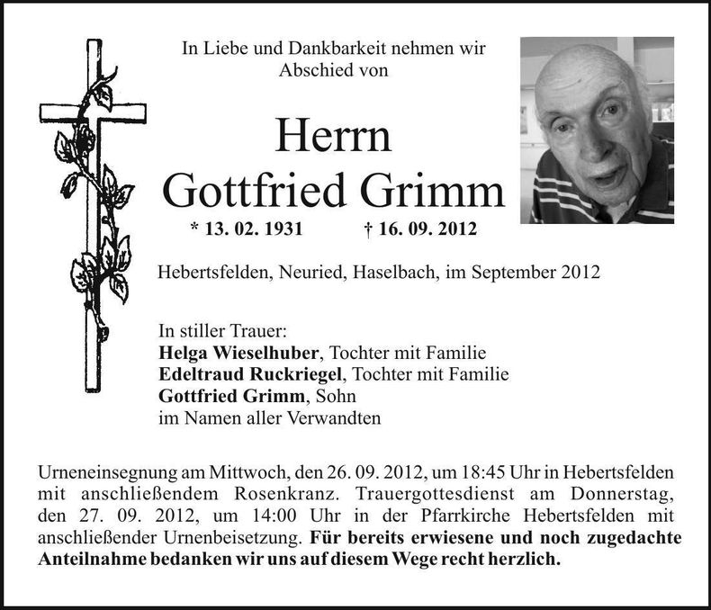 Traueranzeige Gottfried Grimm
