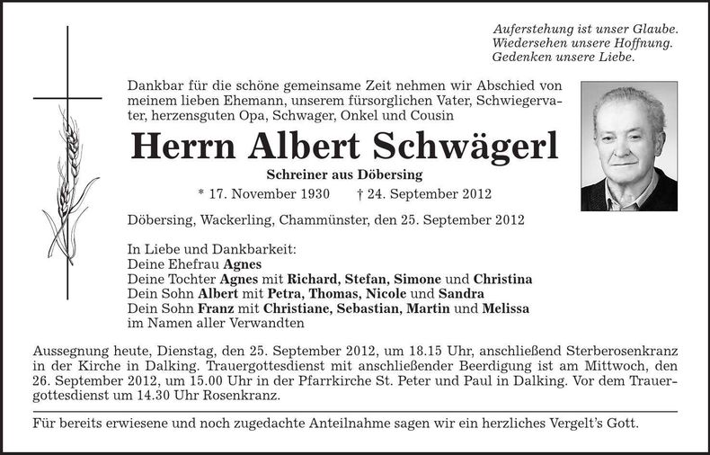Traueranzeige Albert Schwägerl