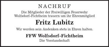 Traueranzeige Fritz Lubitz
