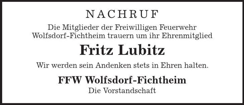 Traueranzeige Fritz Lubitz