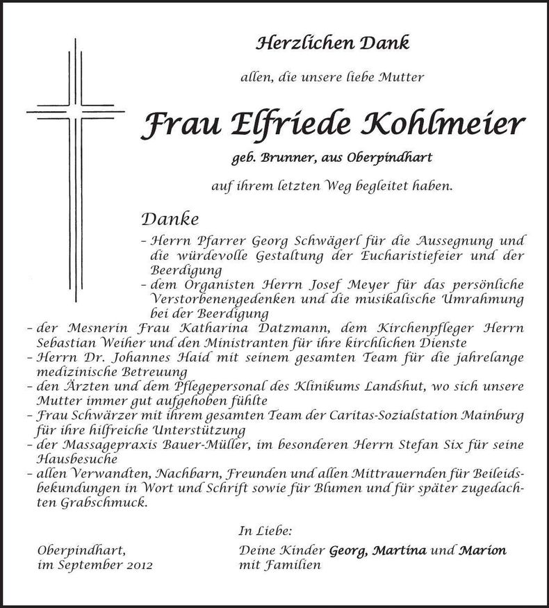 Traueranzeige Elfriede Kohlmeier