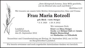 Traueranzeige Maria Rotzoll
