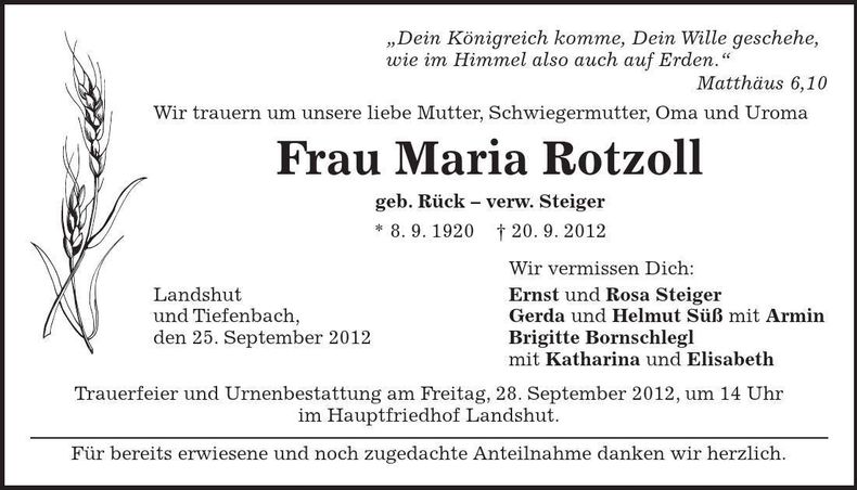 Traueranzeige Maria Rotzoll