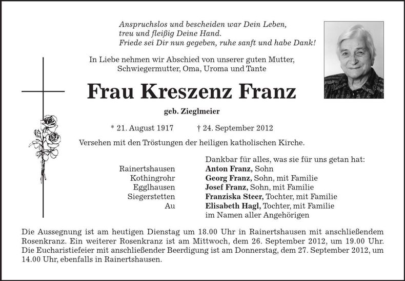 Traueranzeige Kreszenz Franz