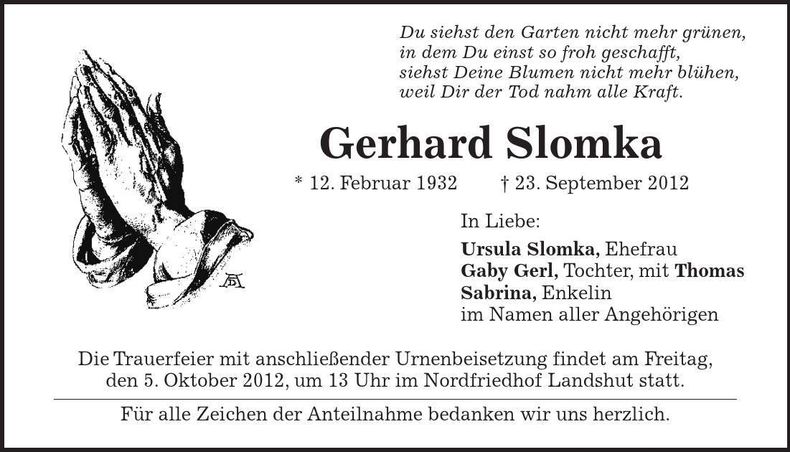 Traueranzeige Gerhard Slomka