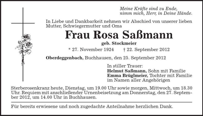 Traueranzeige Rosa Saßmann