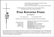 Traueranzeige Kreszenz Franz