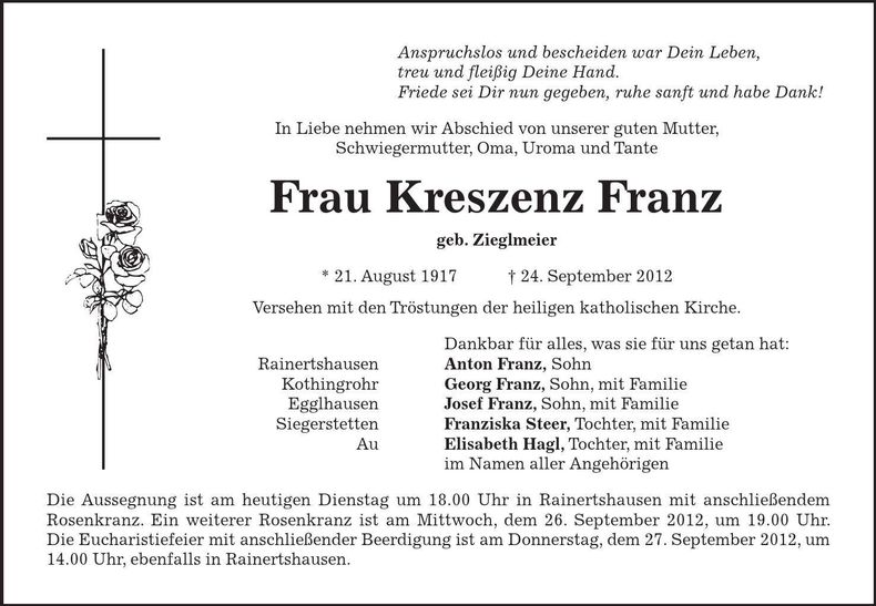 Traueranzeige Kreszenz Franz