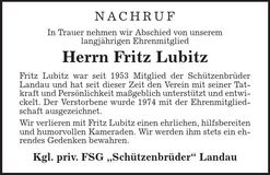 Traueranzeige Fritz Lubitz