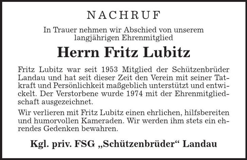Traueranzeige Fritz Lubitz