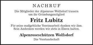 Traueranzeige Fritz Lubitz