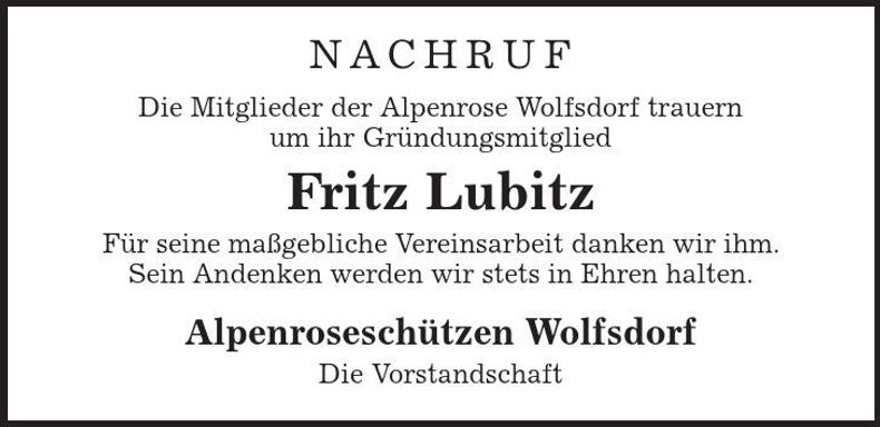 Traueranzeige Fritz Lubitz