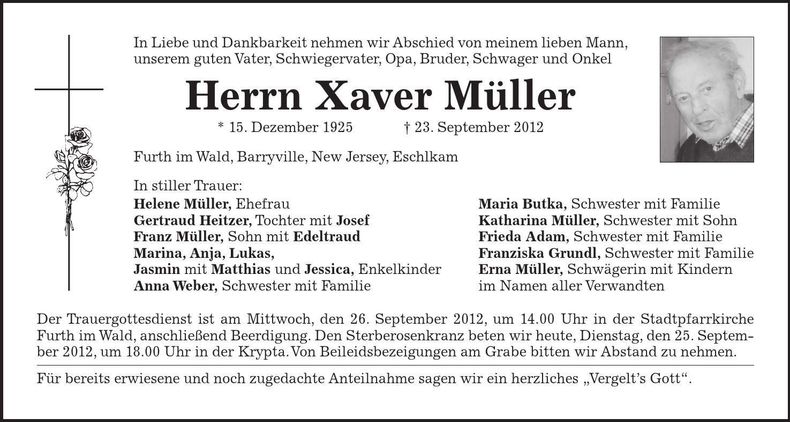 Traueranzeige Xaver Müller