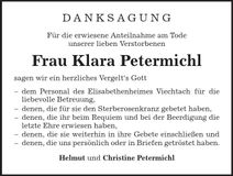 Traueranzeige Klara Petermichl