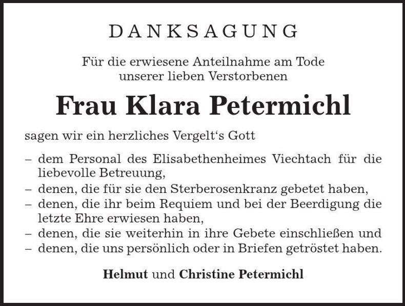 Traueranzeige Klara Petermichl