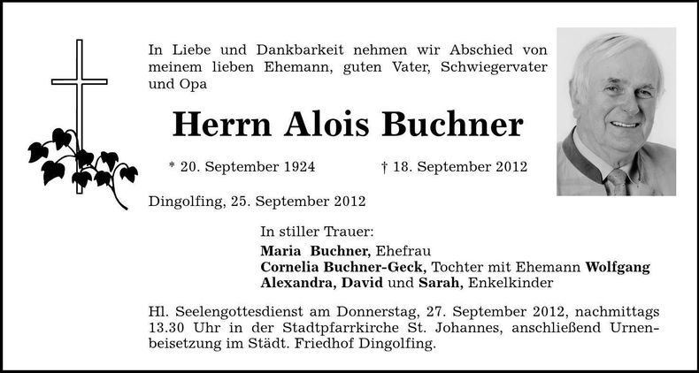 Traueranzeige Alois Buchner