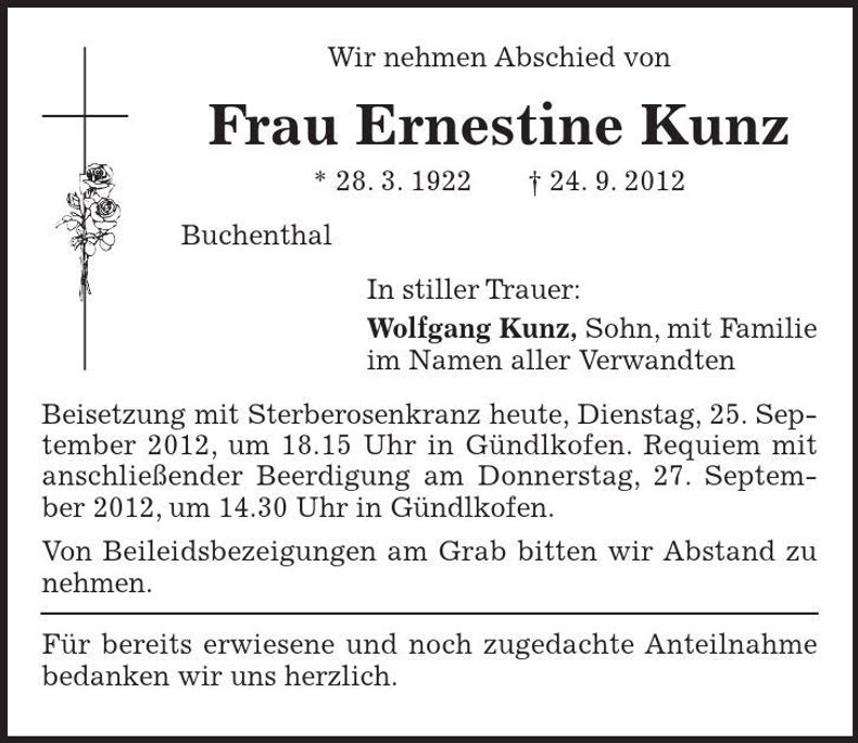 Traueranzeige Ernestine Kunz