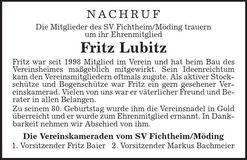 Traueranzeige Fritz Lubitz