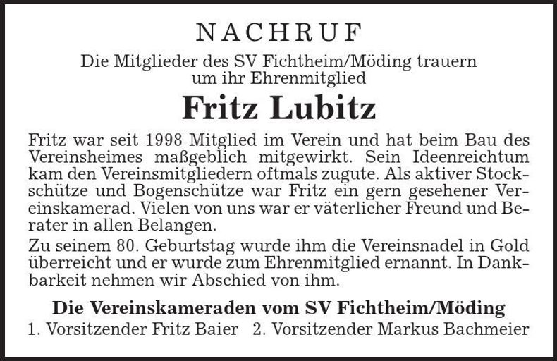 Traueranzeige Fritz Lubitz