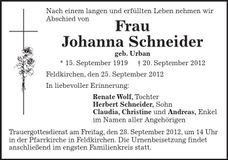 Traueranzeige Johanna Schneider