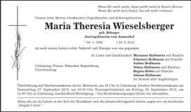 Traueranzeige Maria Theresia Wieselsberger