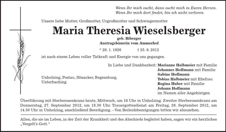 Traueranzeige Maria Theresia Wieselsberger