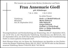 Traueranzeige Annemarie Giedl
