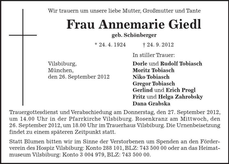 Traueranzeige Annemarie Giedl