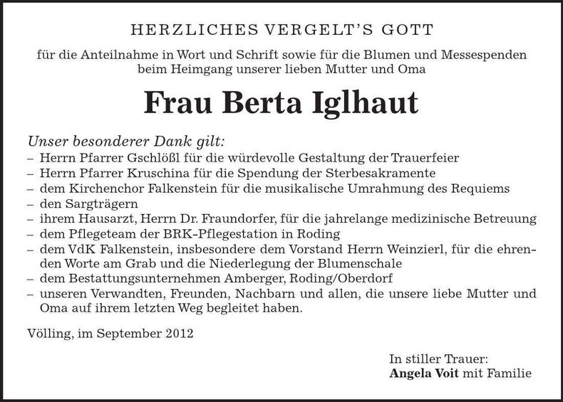 Traueranzeige Berta Iglhaut