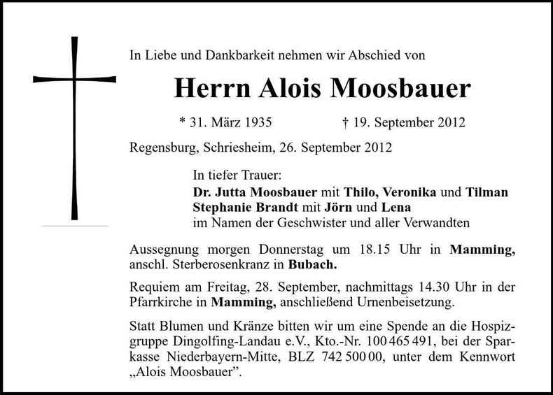Traueranzeige Alois Moosbauer