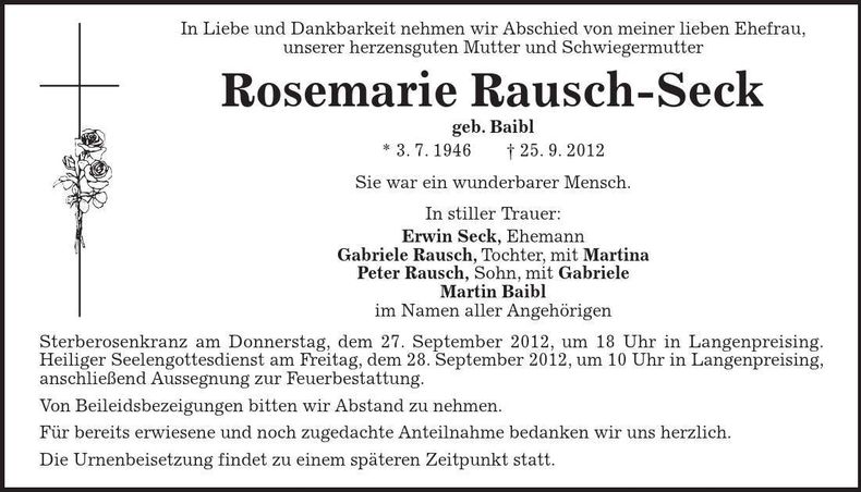 Traueranzeige Rosemarie Rausch-Seck