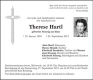 Traueranzeige Therese Hartl