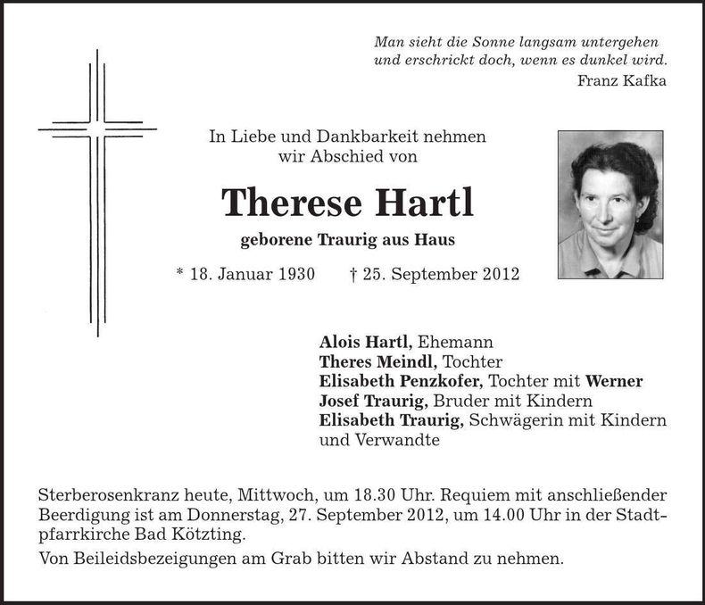 Traueranzeige Therese Hartl