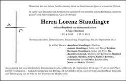 Traueranzeige Lorenz Staudinger
