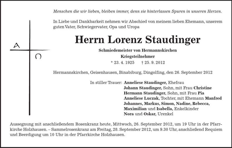Traueranzeige Lorenz Staudinger