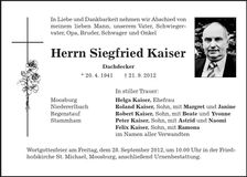 Traueranzeige Siegfried Kaiser