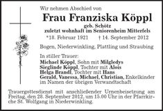 Traueranzeige Franziska Köppl