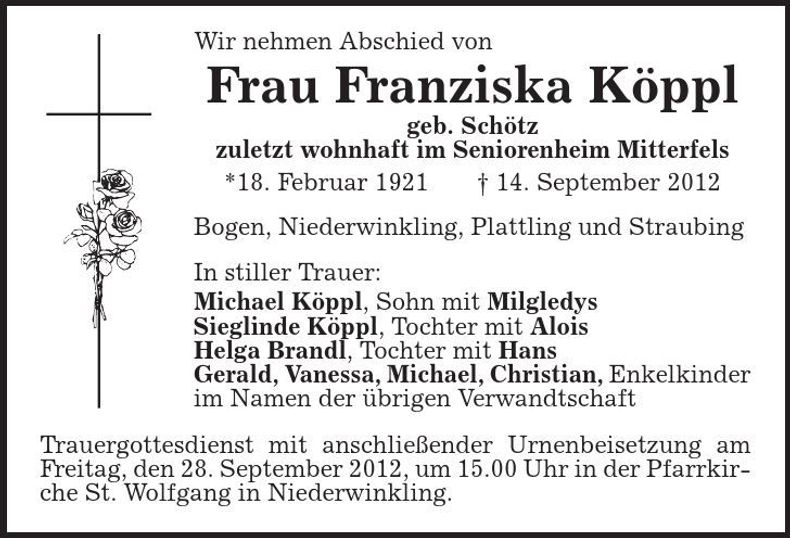 Traueranzeige Franziska Köppl
