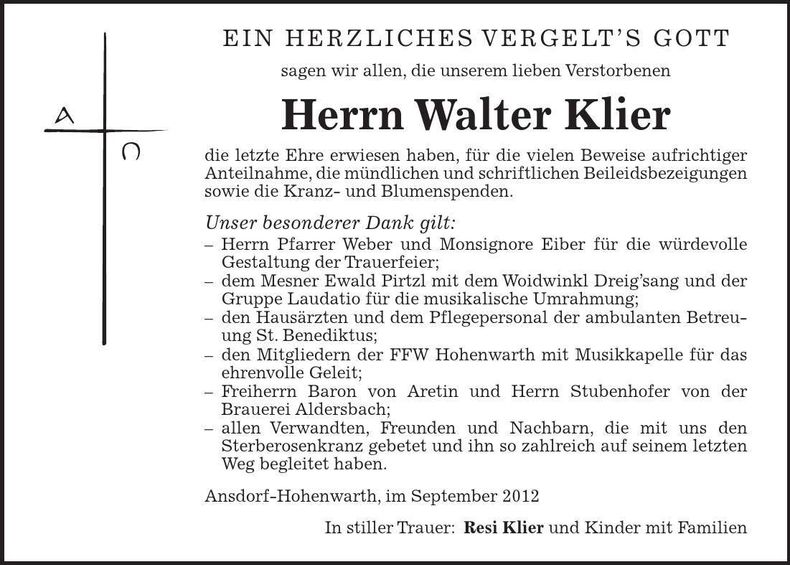Traueranzeige Walter Klier