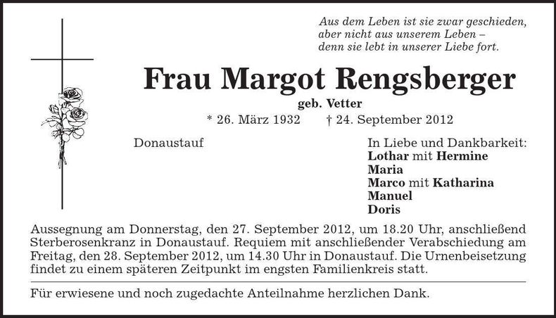 Traueranzeige Margot Rengsberger