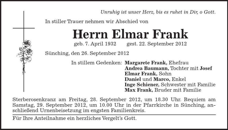 Traueranzeige Elmar Frank