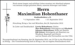Traueranzeige Maximilian Hohenthaner