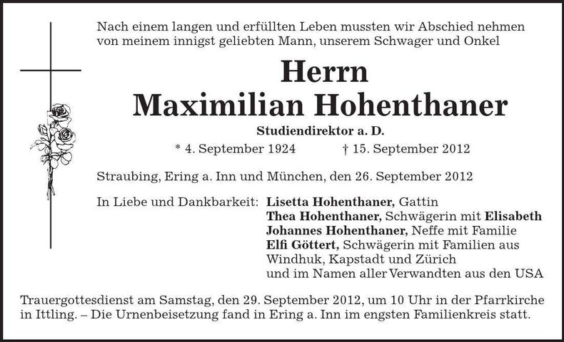 Traueranzeige Maximilian Hohenthaner