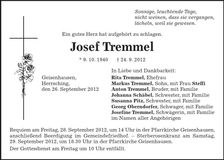 Traueranzeige Josef Tremmel