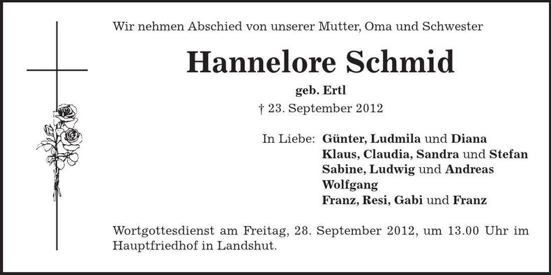 Traueranzeige Hannelore Schmid