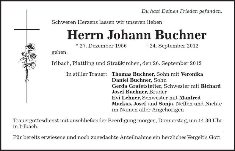 Traueranzeige Johann Buchner