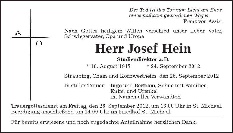 Traueranzeige Josef Hein
