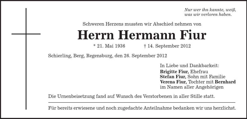 Traueranzeige Hermann Fiur