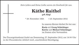 Traueranzeige Käthe Raithel